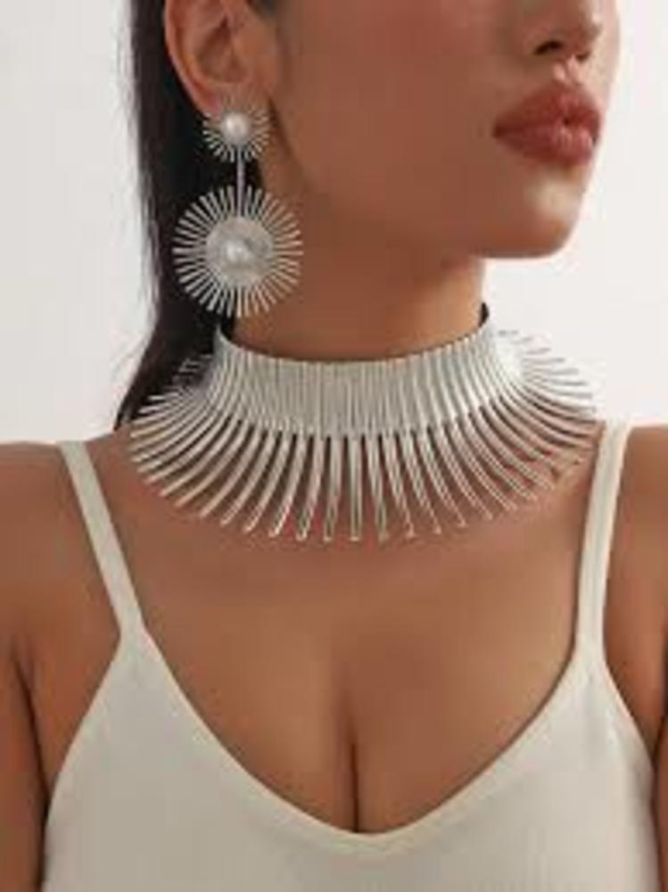 Silver Plated Metal Chunky Spike Collar Choker Statement Necklace Set NEW